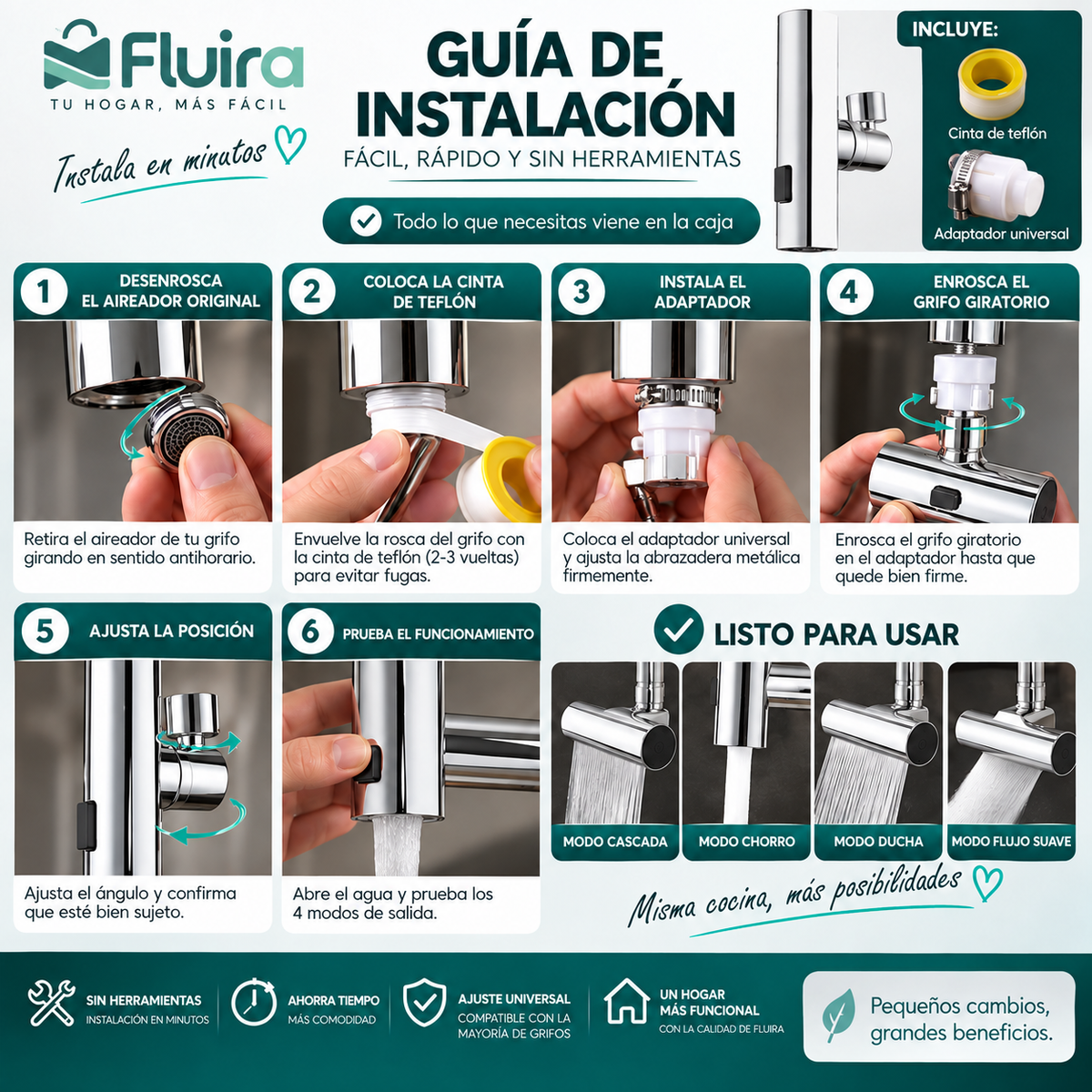 AQUAFLEX 4EN1™´-Grifo Giratorio 360° 4 en 1 con Efecto Cascada